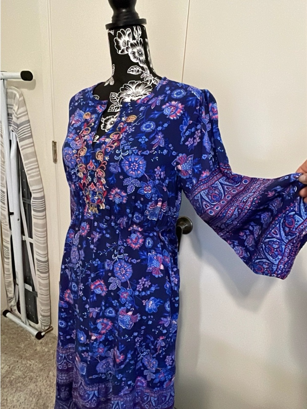 Soft Surroundings Navy Floral Maxi Dress with Purple and Pink Accents